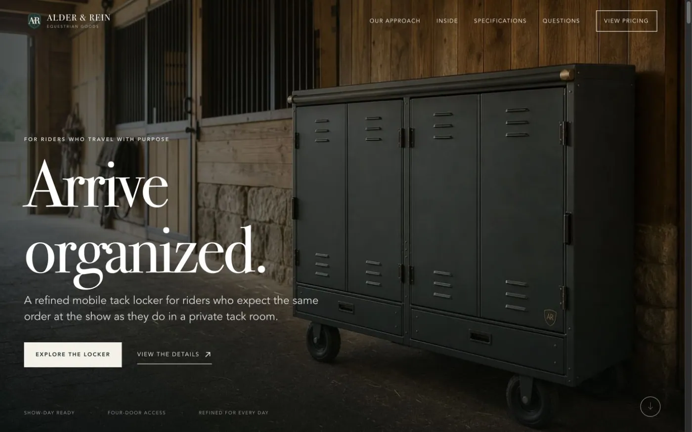 The Alder & Rein concept site, headed Arrive organized, showing the tack locker as rendered in a stable aisle.