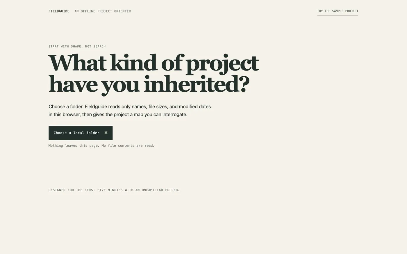 Fieldguide, which reads only the names, sizes and dates of a folder you choose and offers a map of the project it thinks you inherited.