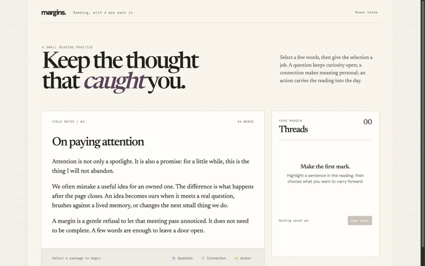 Margins, one of the Daily Concept Studio experiments: a reading practice that keeps the thought that caught you and asks a question of it.