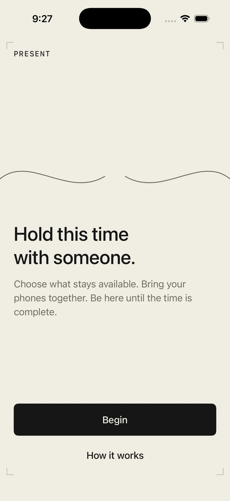 Present running on an iPhone, asking two people to put their phones together and hold the time until it is complete.
