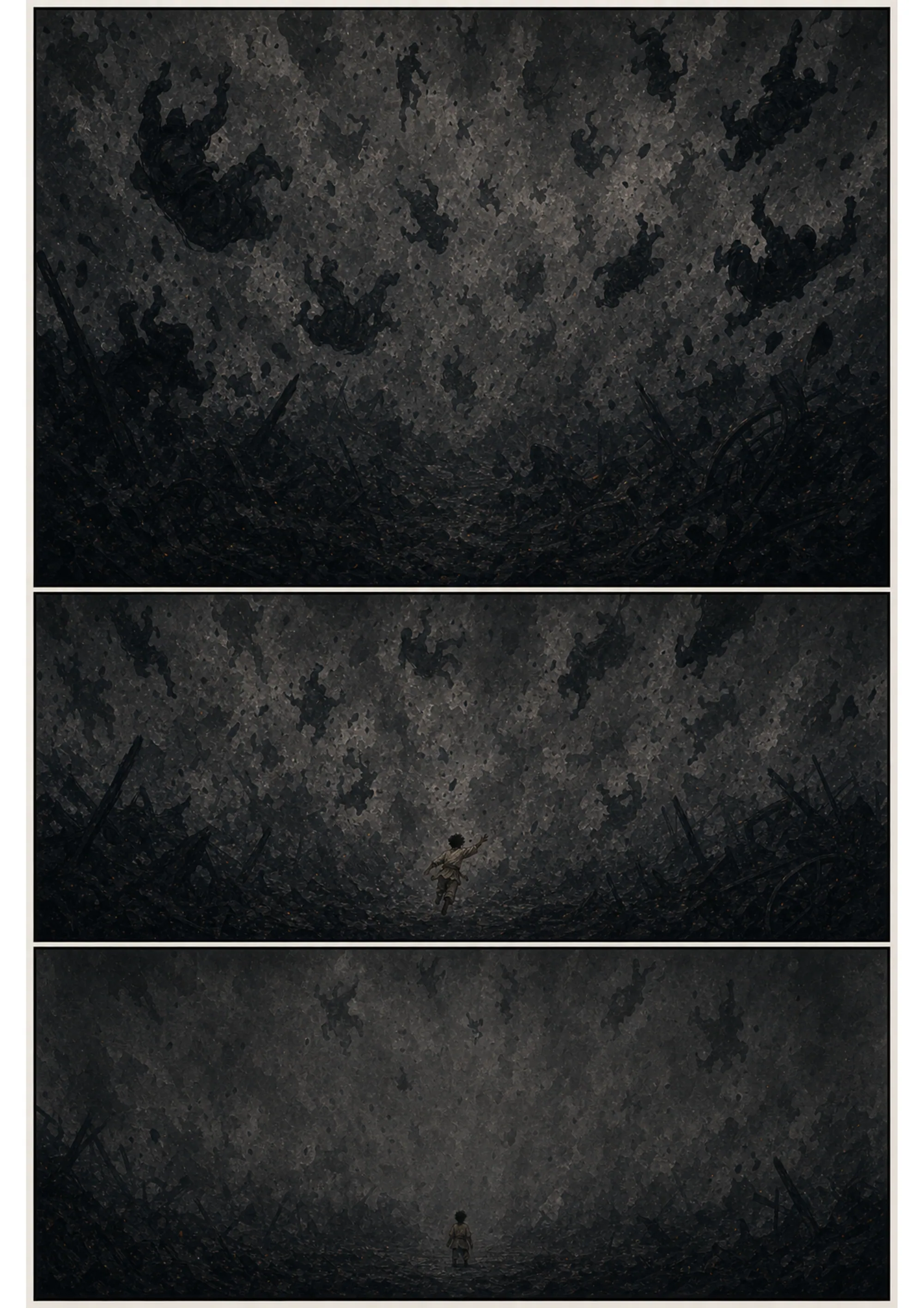 DEADBEARER: Win of the Hundred Lines, the opening page of chapter one — three stacked panels of charcoal linework rising from pale paper.