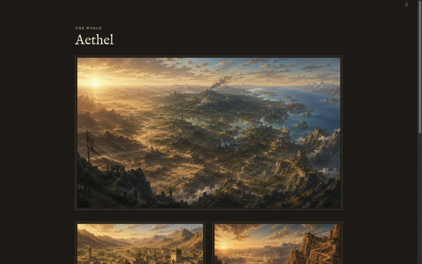 The world page for Aethel, with painted establishing art for the setting.