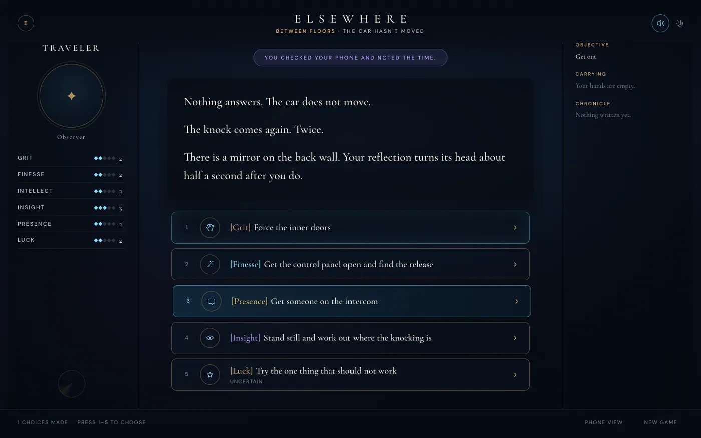 Elsewhere playable prototype after the first choice, showing Traveler attributes, narrative text, and five authored responses.