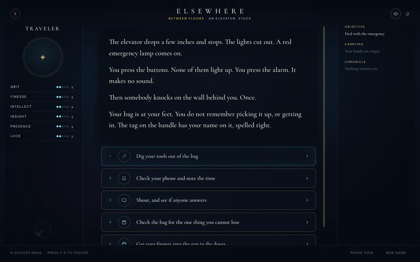 Elsewhere opening scene inside a stalled elevator with the Traveler panel and initial choices visible.