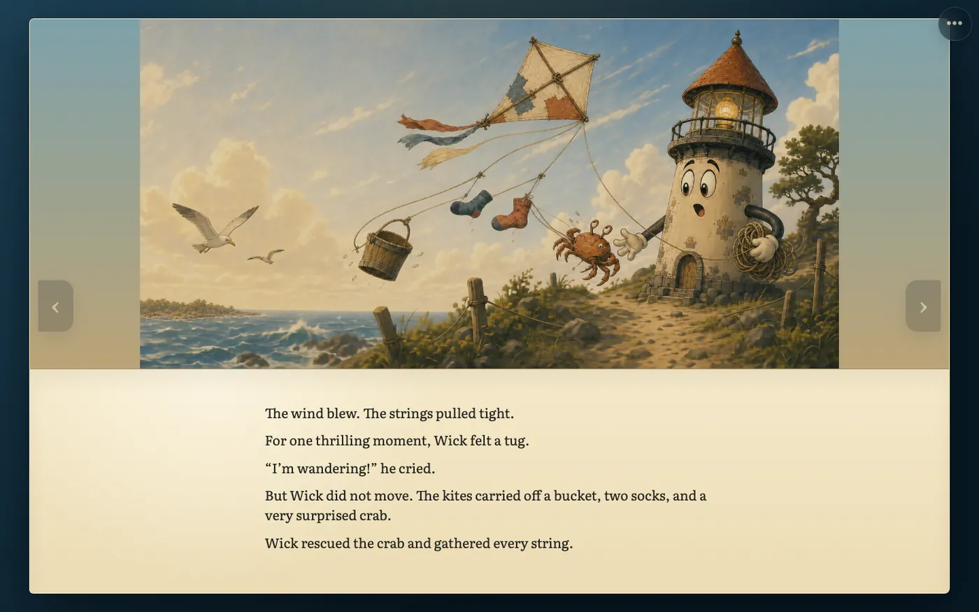A scene from the director's proof of The Little Lighthouse Who Wanted to Wander: Wick tethered to a string of kites carrying off a bucket, two socks and a startled crab, with the page text beneath.