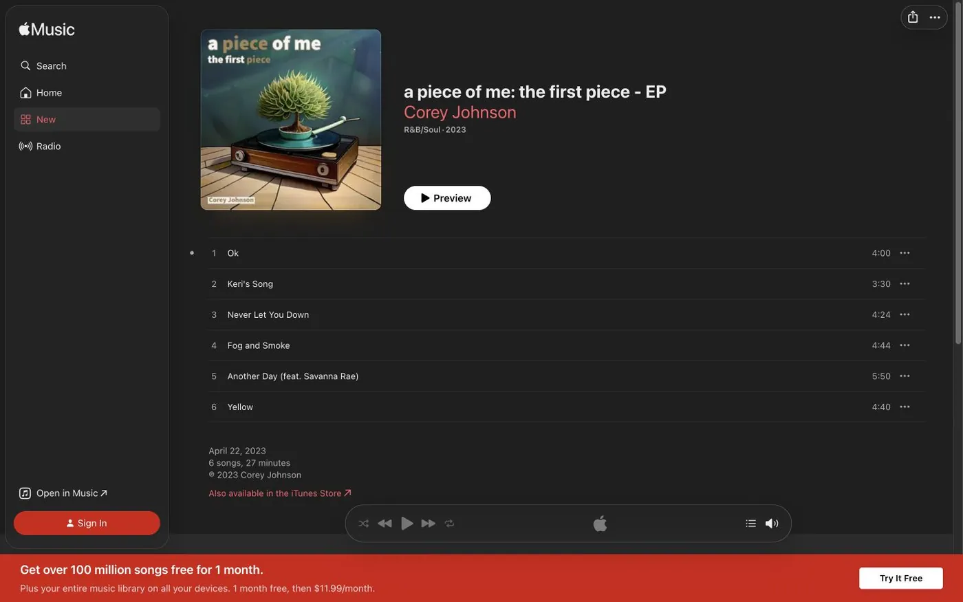 The Apple Music release page for the EP a piece of me: the first piece, listing its six tracks including Another Day featuring Savanna Rae.