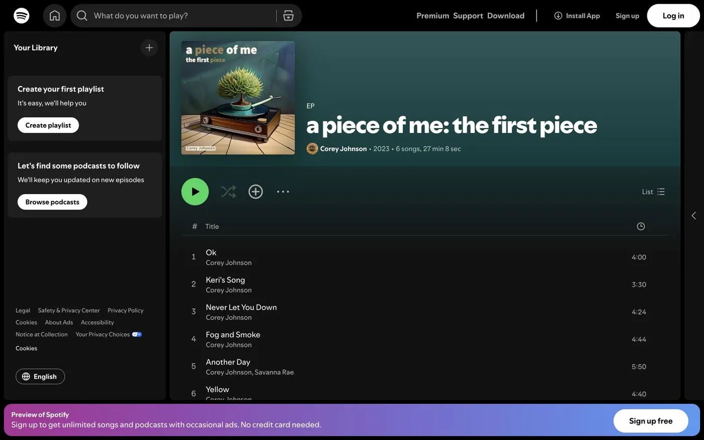 The Spotify release page for the EP, with its six tracks listed.