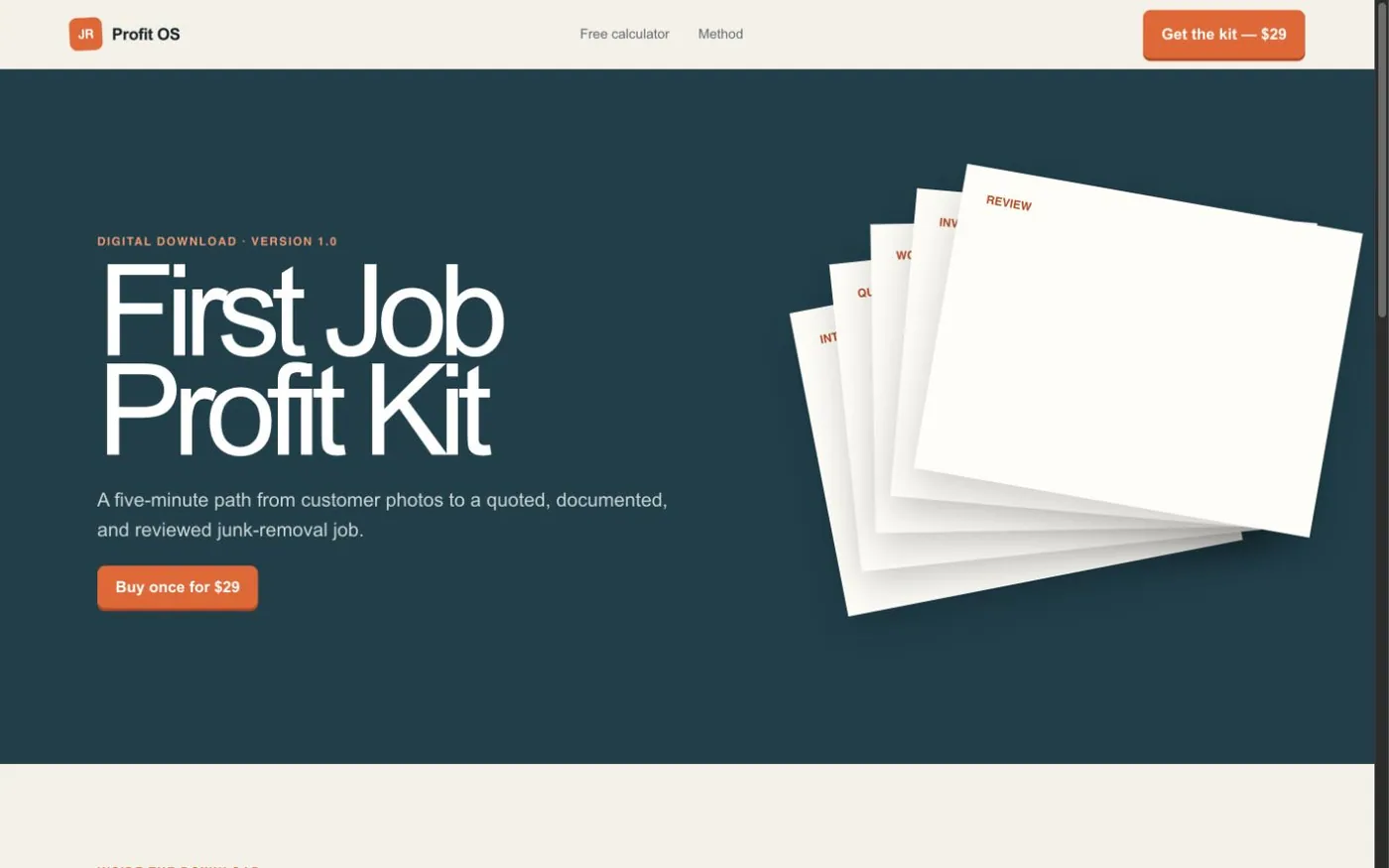 The First Job Profit Kit: a five-minute path from customer photos to a quoted, documented and reviewed junk-removal job.