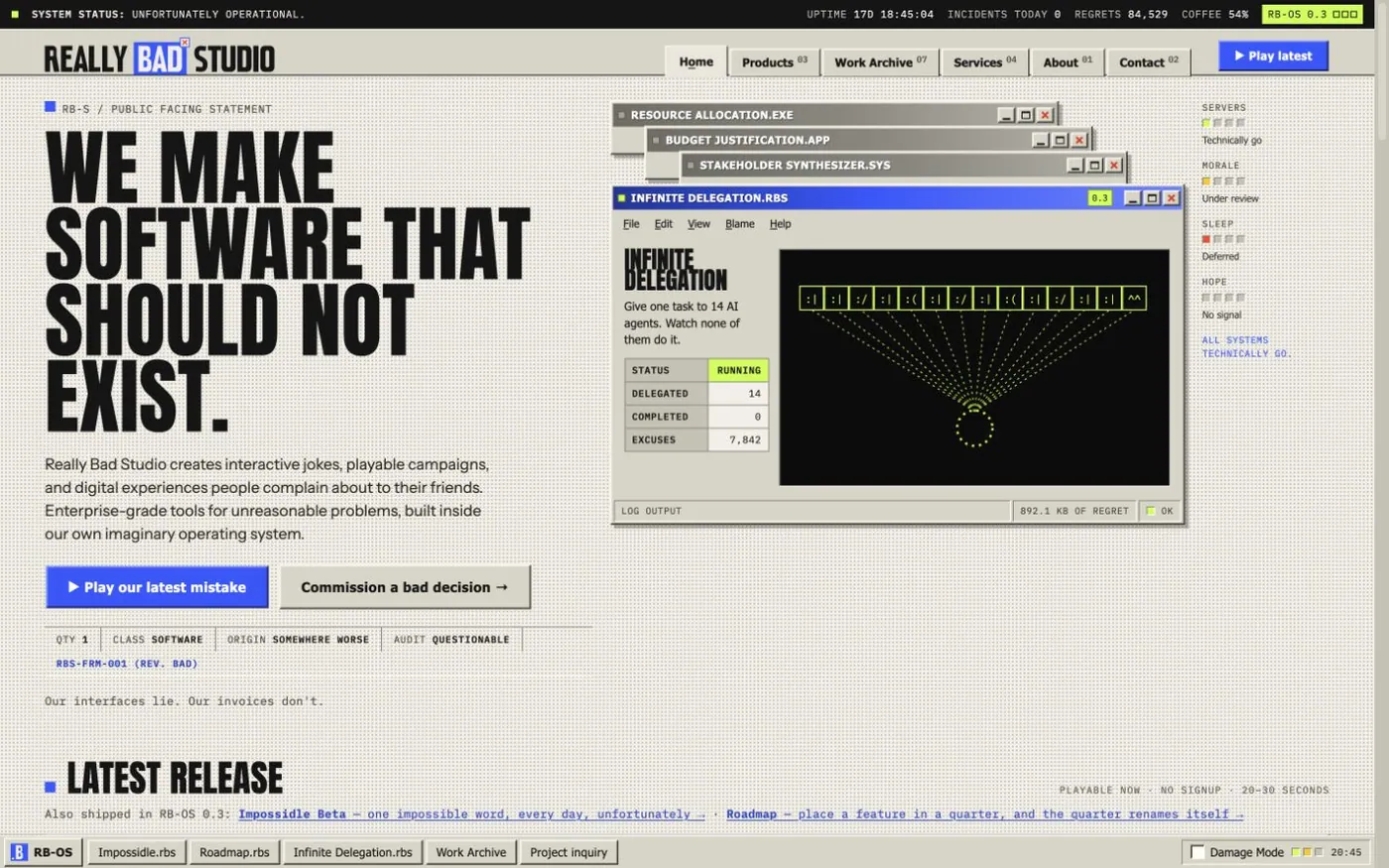 Really Bad Studio's site built as a fictional operating system, headed We make software that should not exist, with an Infinite Delegation window running inside it.