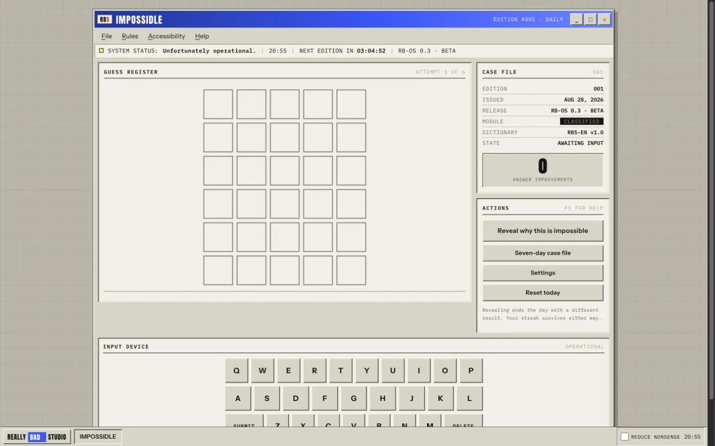 Impossidle running inside the studio’s fictional operating system, a word game that refuses to be finished.