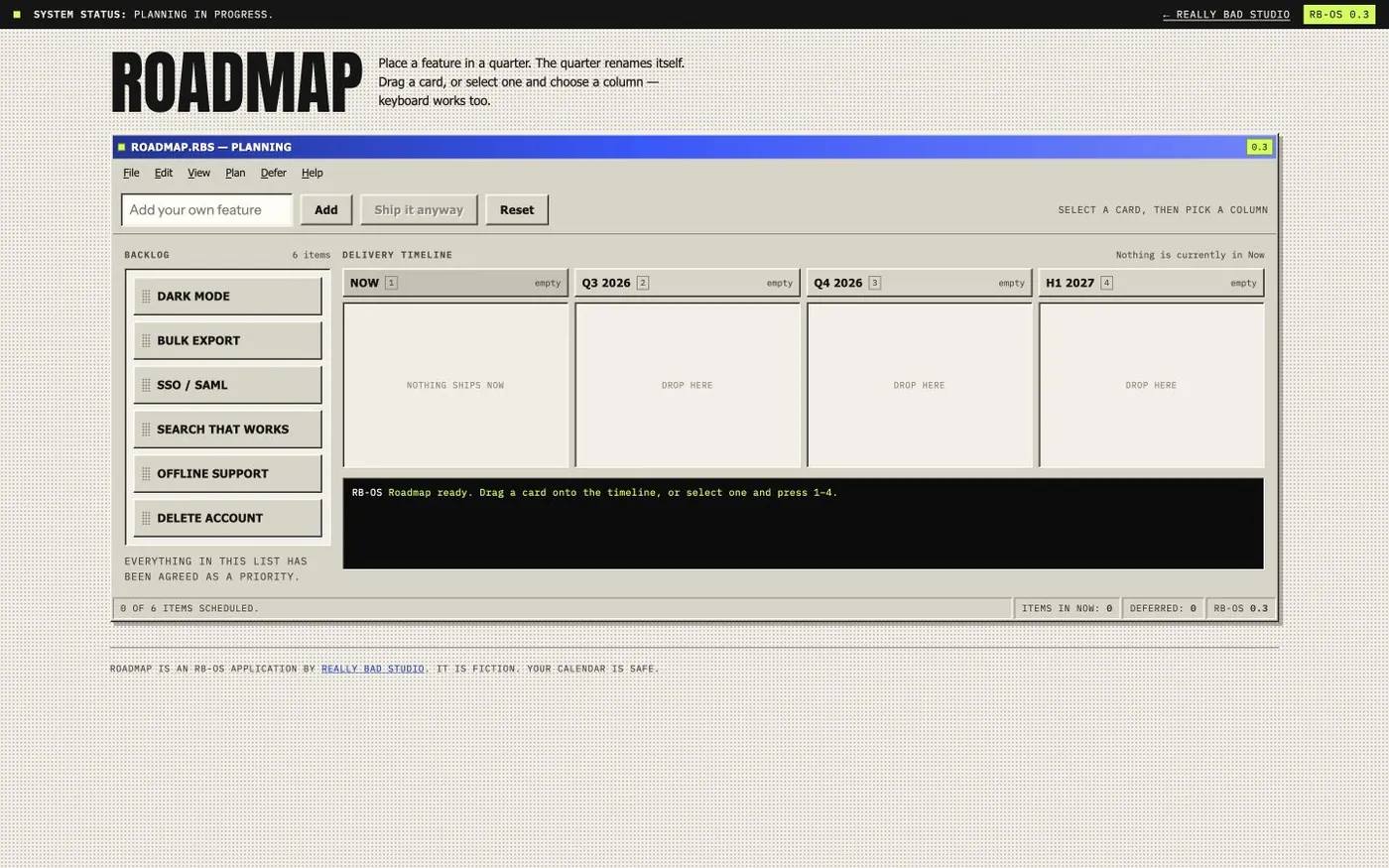 Roadmap, in which placing a feature in a quarter renames the quarter.