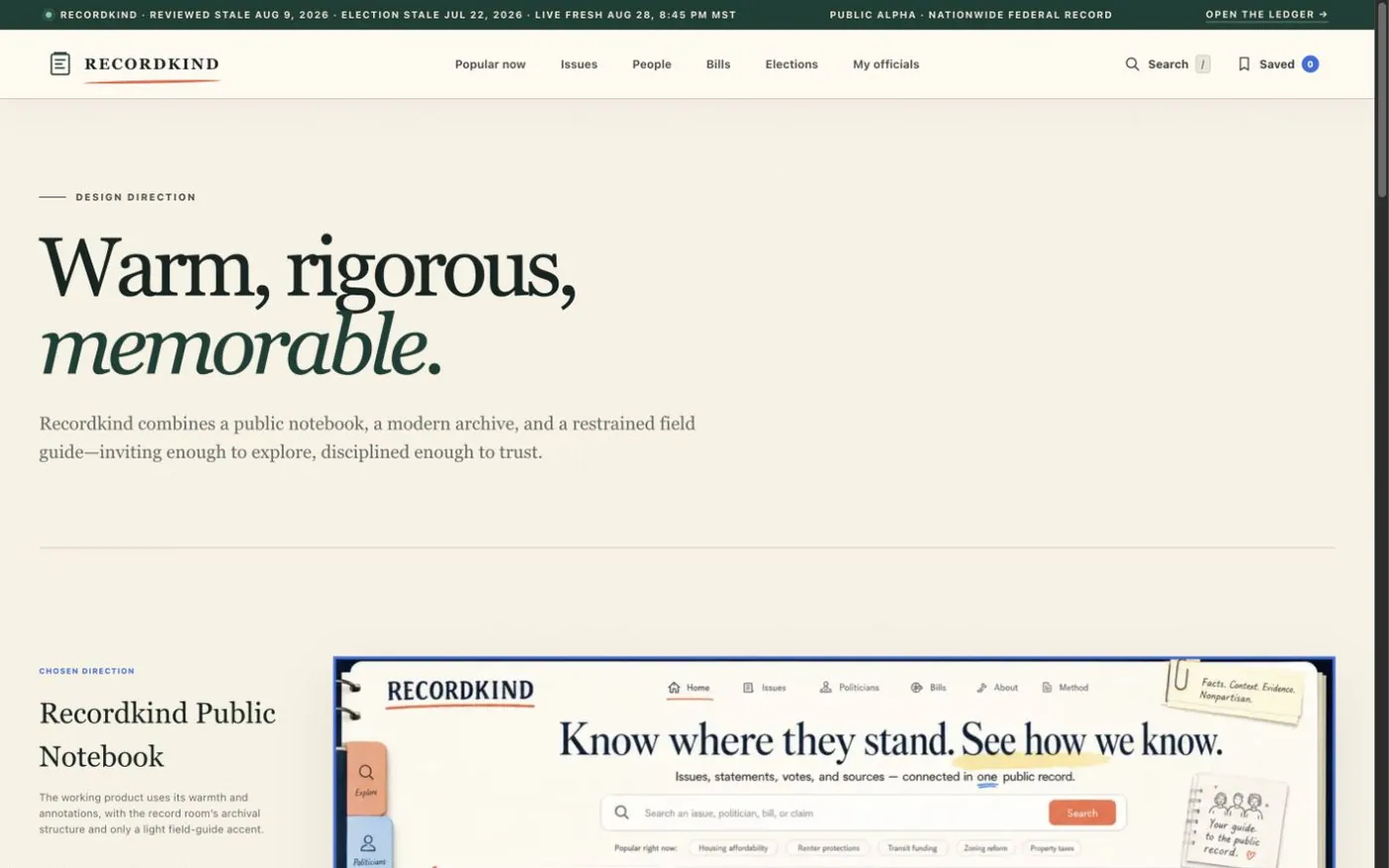 Recordkind's design direction page, headed Warm, rigorous, memorable, above a preview of the public notebook it describes.