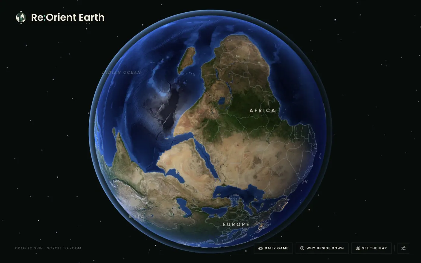 Re:Orient Earth showing the globe drawn south-up, Africa and Europe labelled, with the daily game controls beneath it.