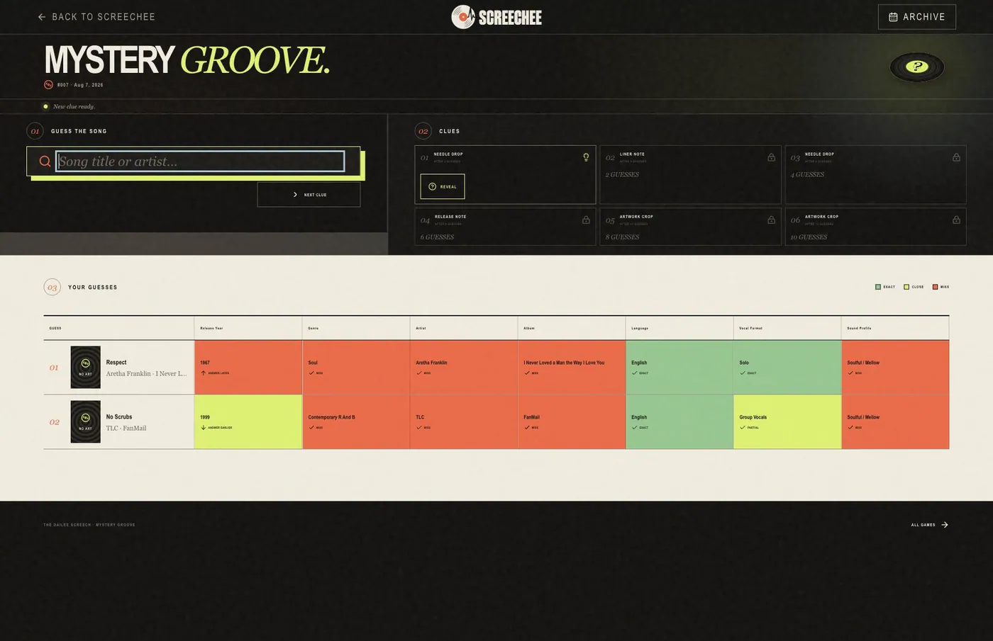 Screechee on the web: a single-track preview surface with artwork, rating, familiarity, and save actions.