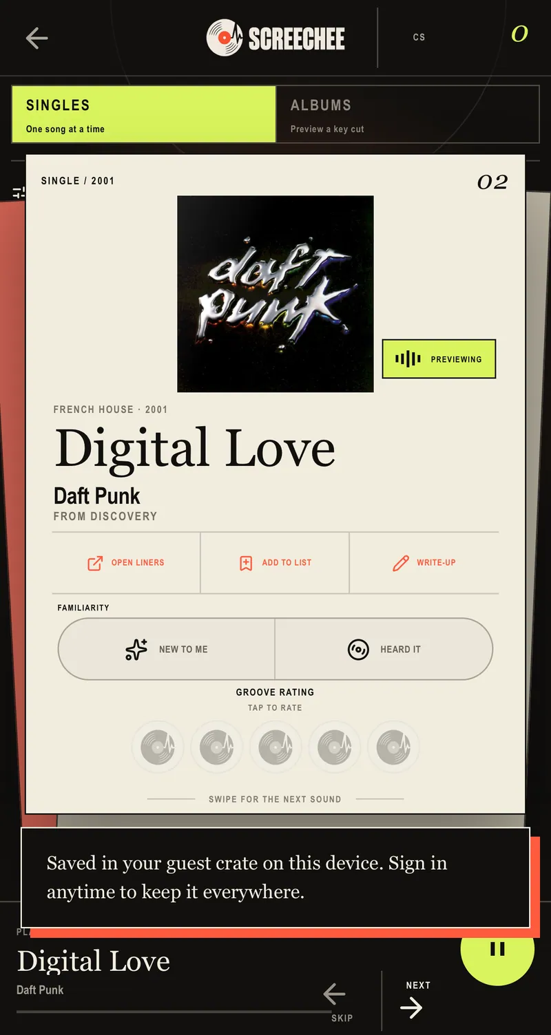 Screechee discover on mobile — artwork, preview, rating, familiarity, and save in one thumb-sized decision surface.