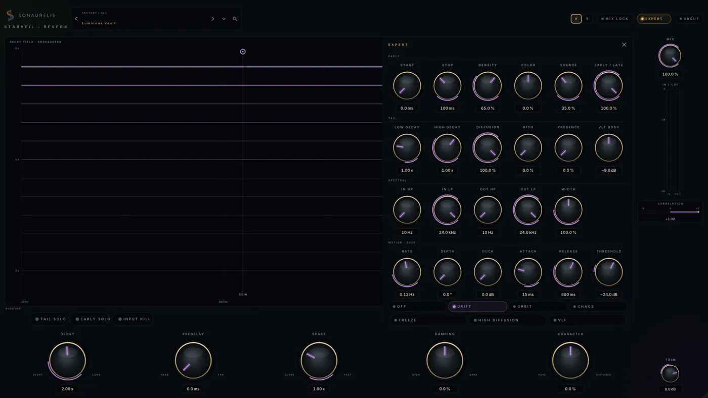 Starveil Reverb, full plugin window — decay field display on the left, expert control drawer open on the right.