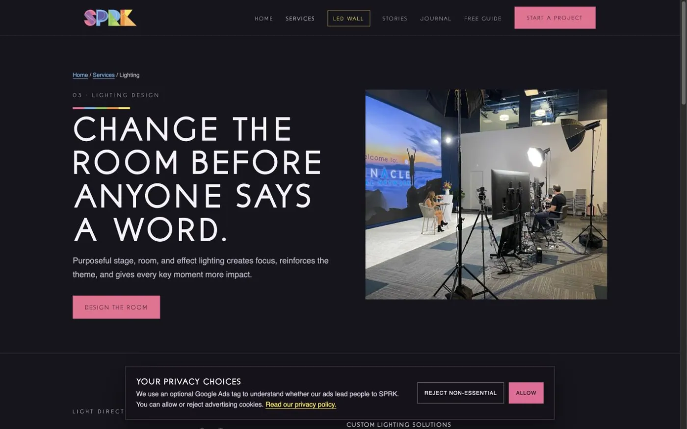 The lighting design page, headed Change the room before anyone says a word, over a photograph of a lit set.