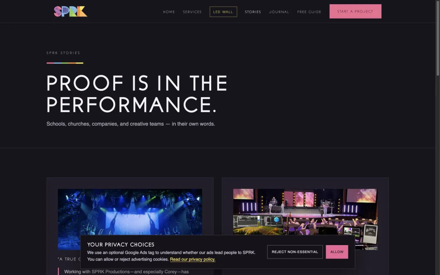 The stories page, headed Proof is in the performance, with photographs from delivered events.