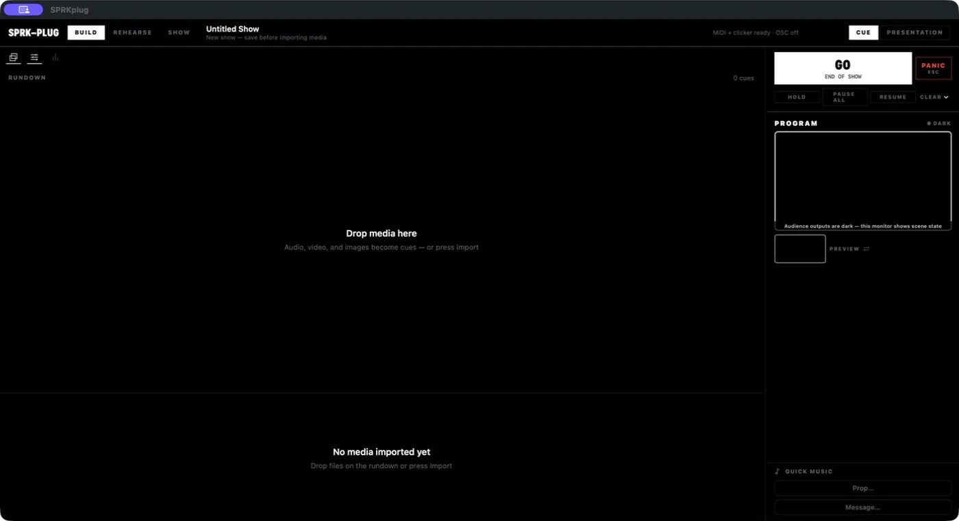 SPRKplug show control in build mode: an empty rundown waiting on media, the GO and end-of-show transport, a panic control, and the program preview.