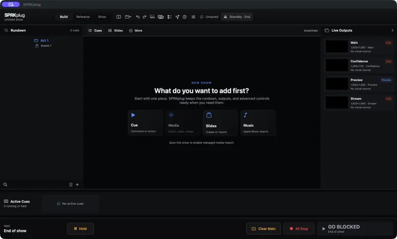 SPRKplug asking what to add to a new show first — cue, media, slides or music — with the live outputs listed down the side.