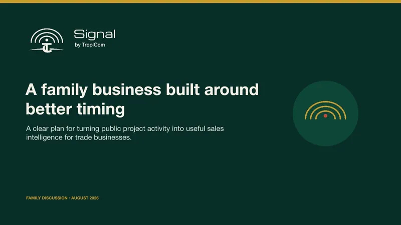The title slide of the Signal by TropiCom pitch, headed A family business built around better timing, marked as a family discussion.