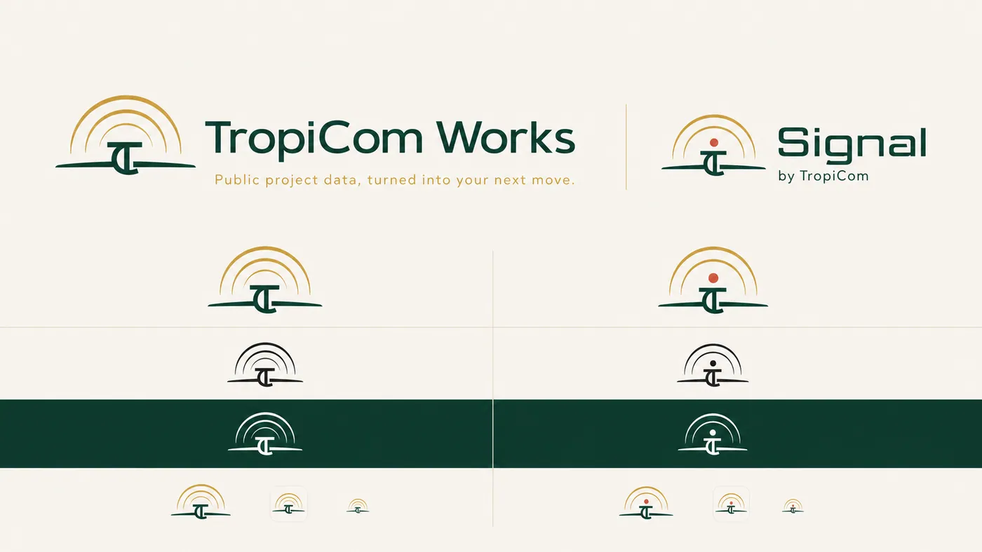 An identity board for TropiCom Works and Signal, working the mark through weight, colour and reversal.
