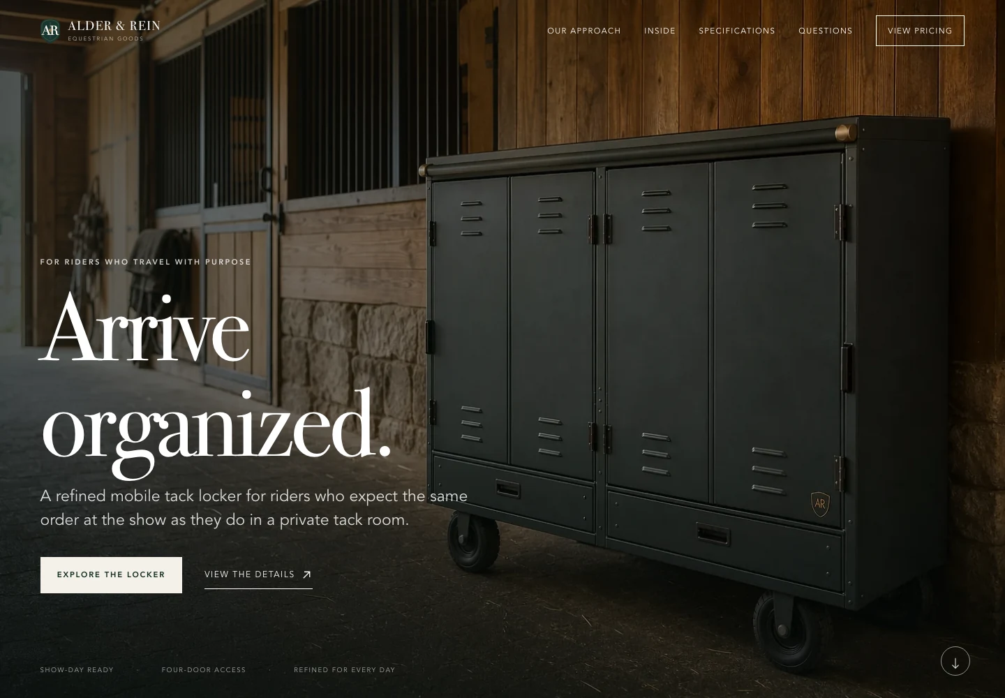 Alder & Rein’s concept storefront showing the Show Locker in a barn beside the headline Arrive organized.