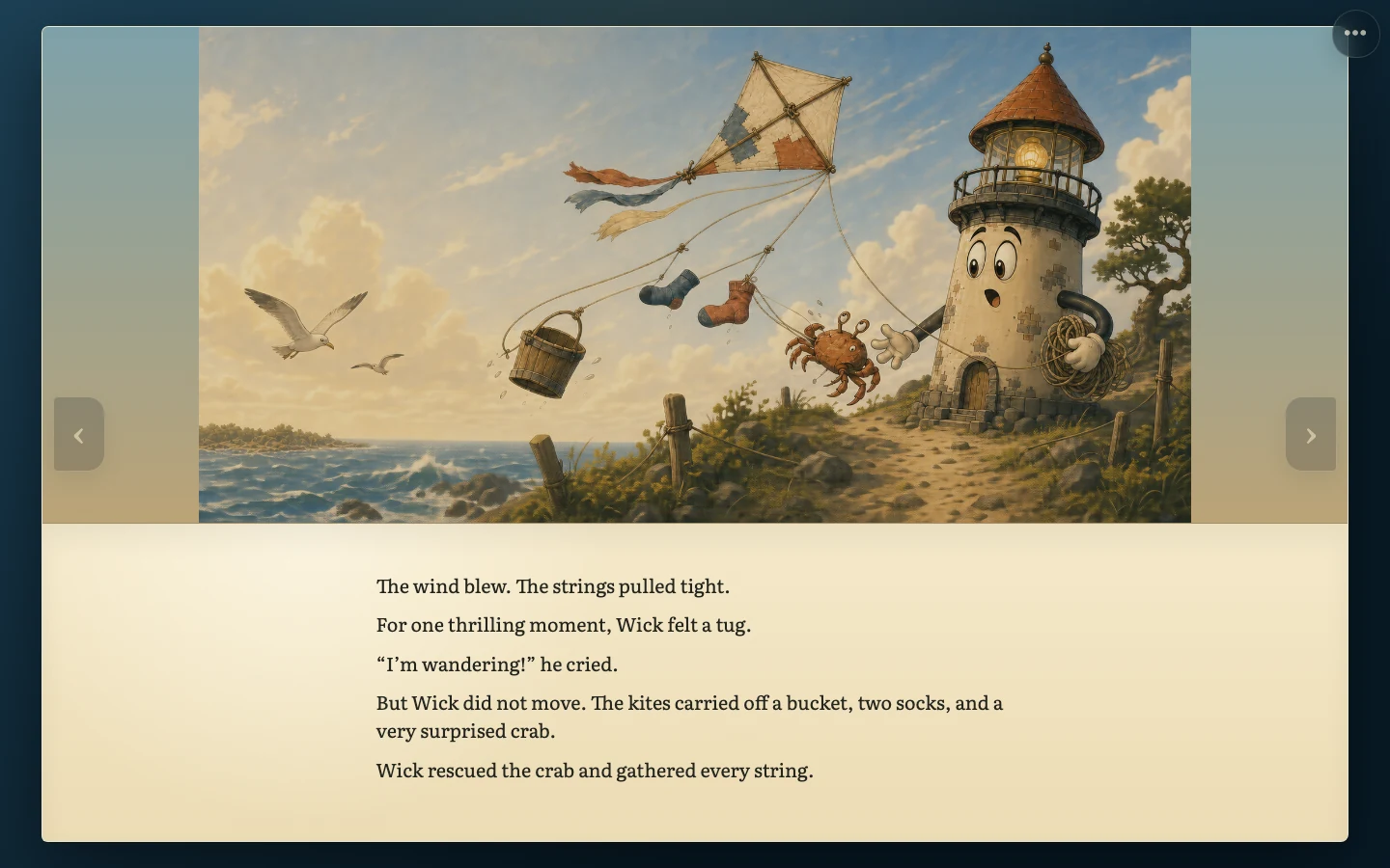 A page from the Little Lighthouse director proof, with Wick, a string of kites, a startled crab and the story text.