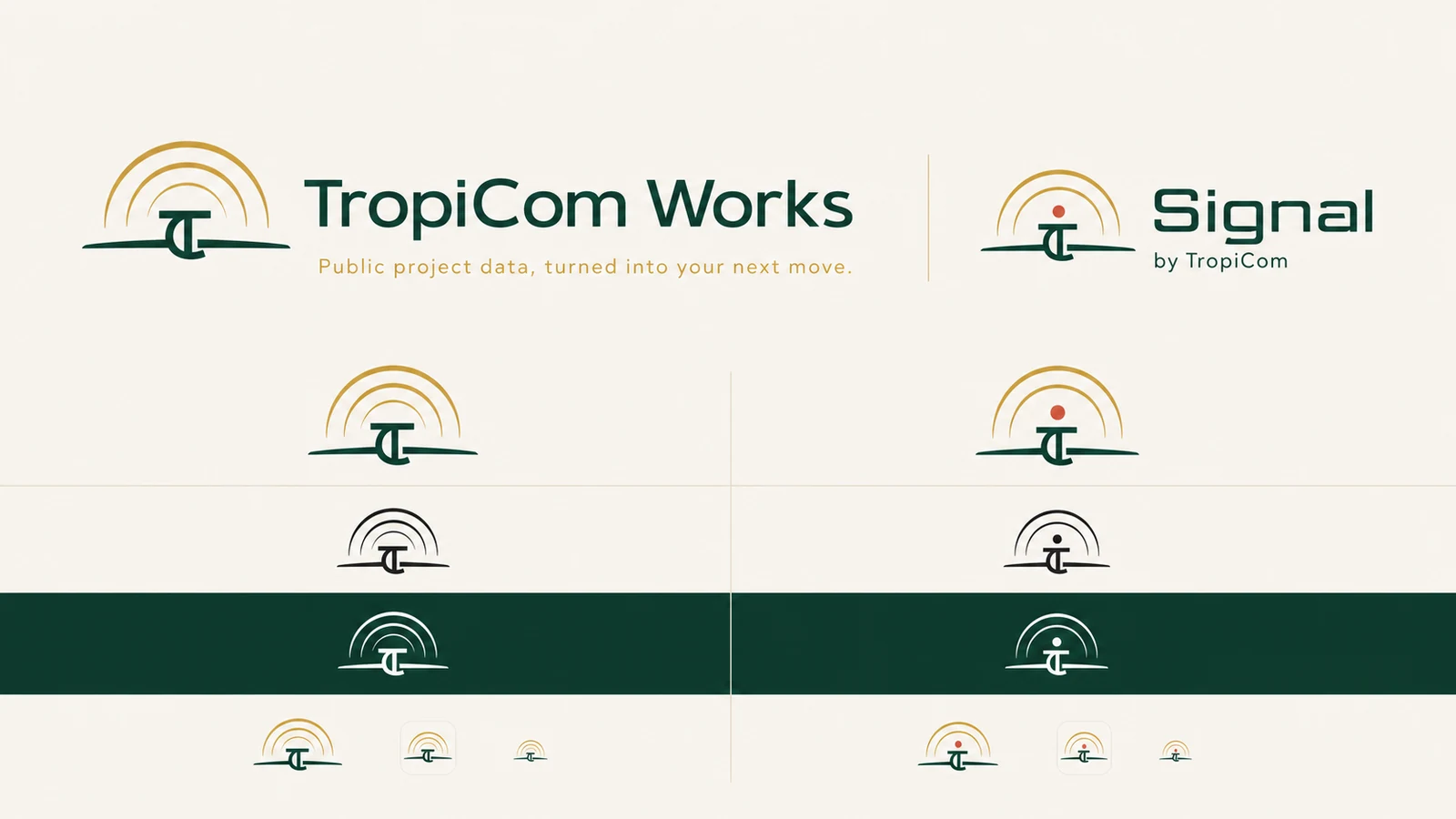 TropiCom Works and Signal identity studies with green and gold marks in several sizes and color treatments.