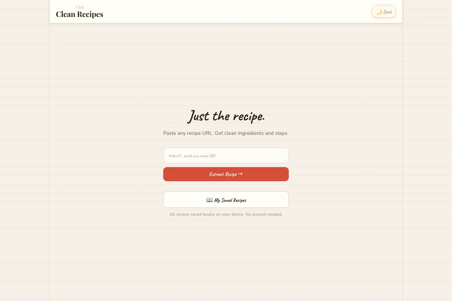 The Clean Recipes homepage with its recipe URL field and locally saved recipe button.