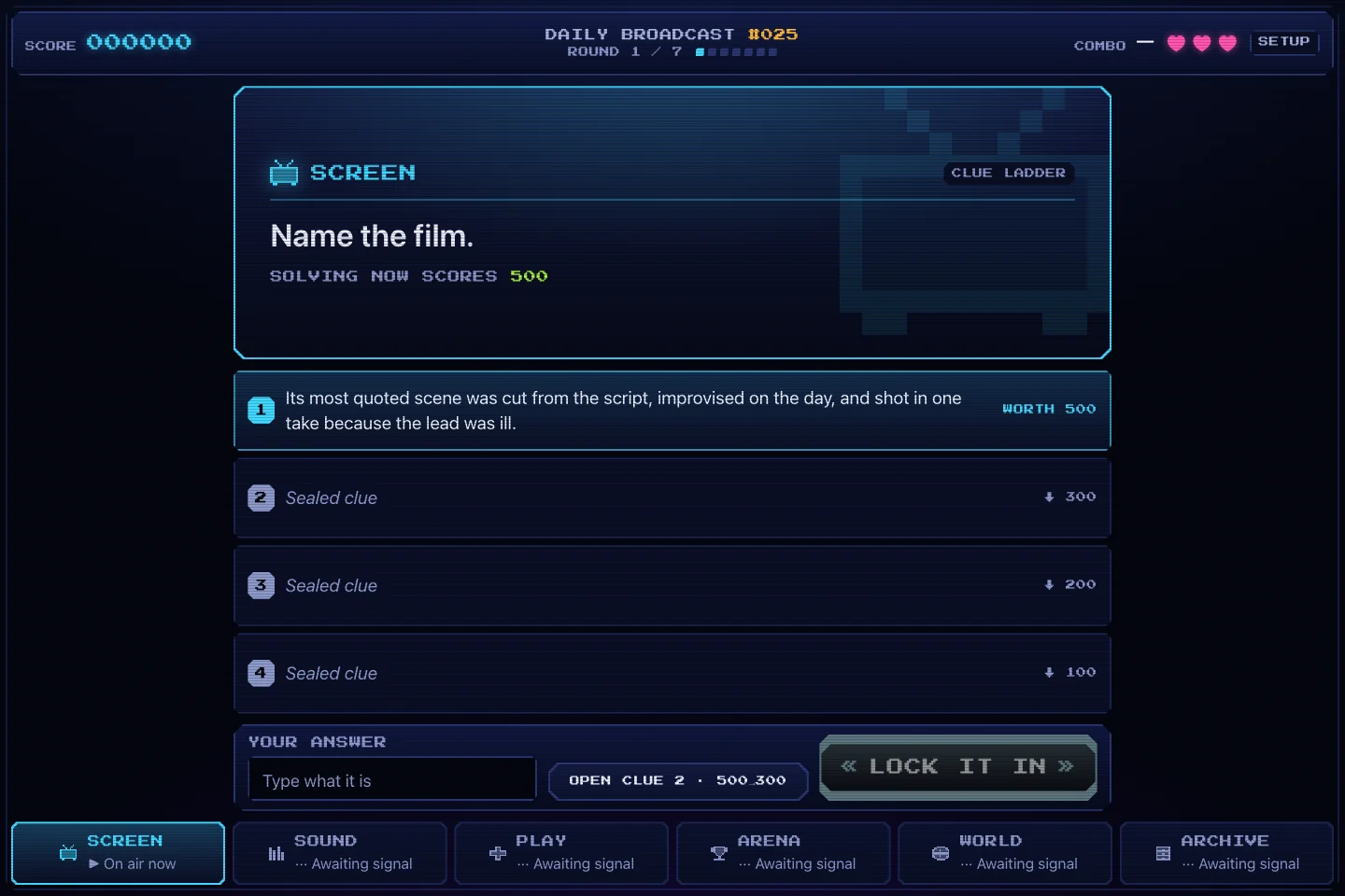 Late Night Trivia’s playable archive broadcast number 25, showing the first film clue and answer controls.