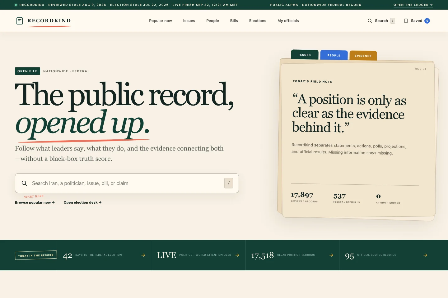 Recordkind’s public alpha homepage with search and an evidence folder, including its source-freshness status strip.