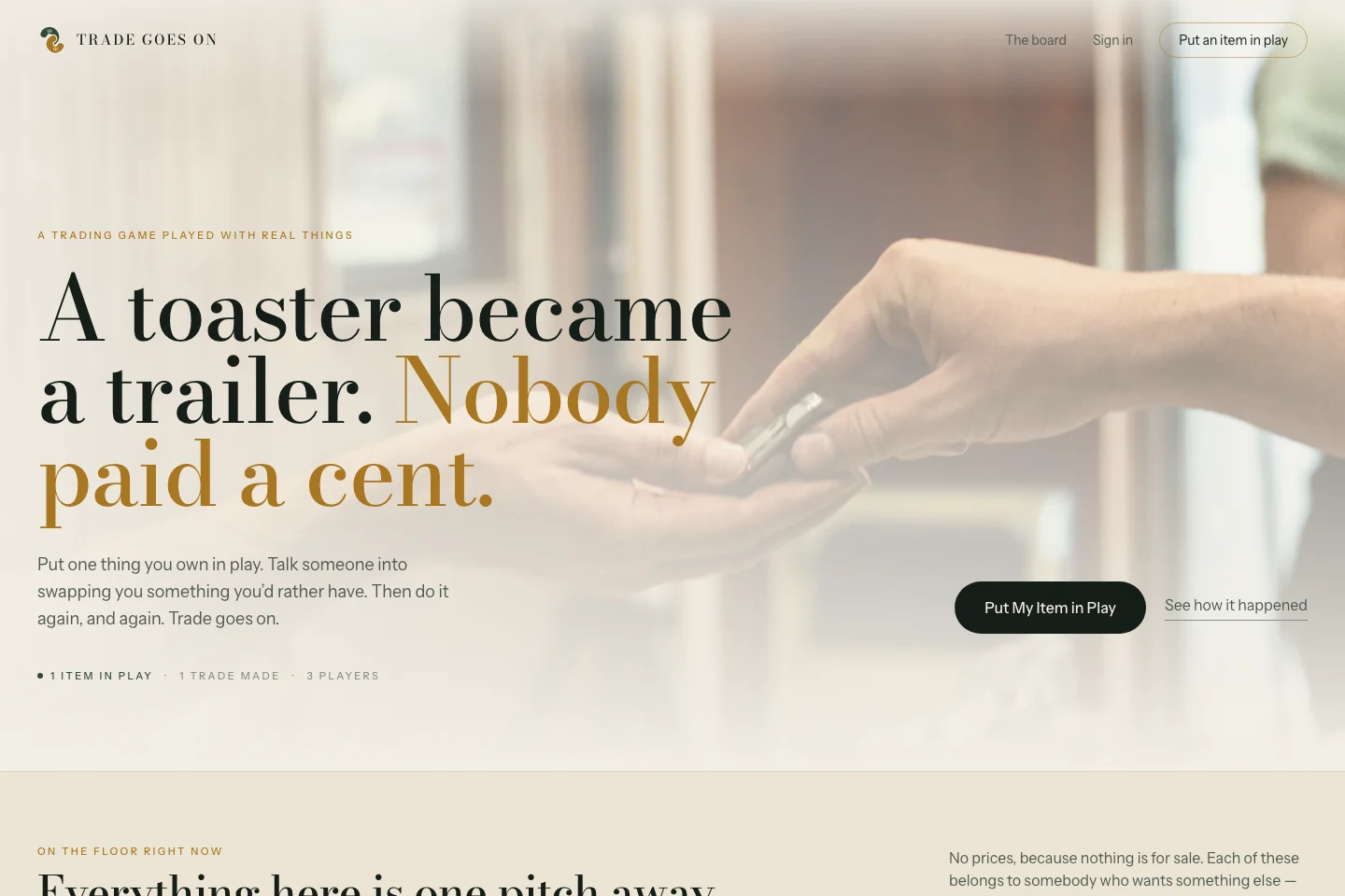 Trade Goes On’s public homepage with the project’s trading premise over its licensed handover photograph.
