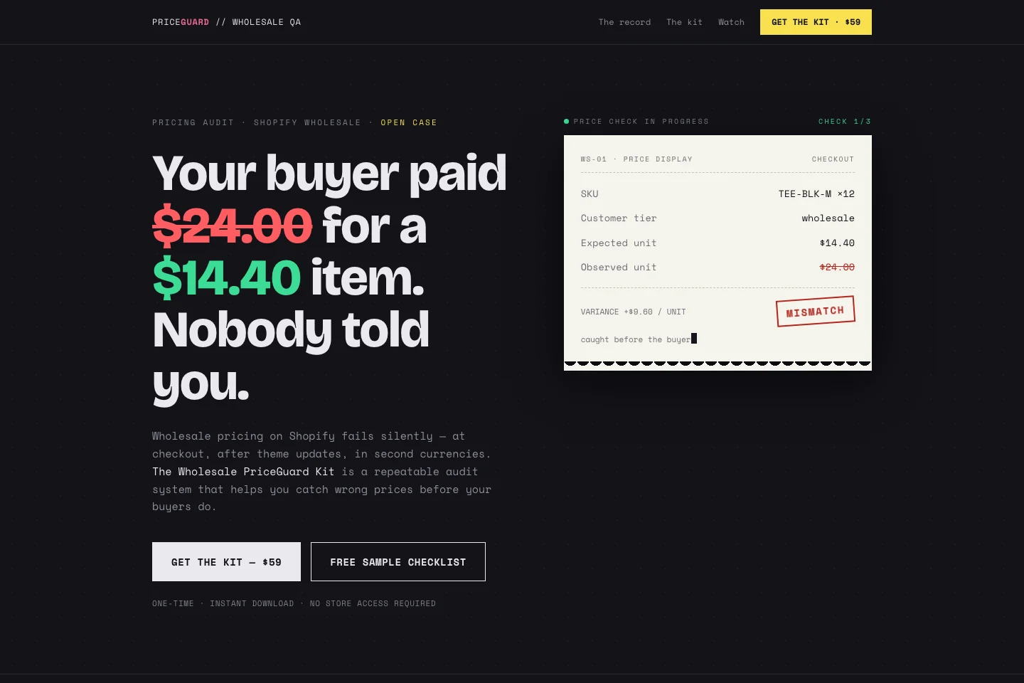 The Wholesale PriceGuard Kit page demonstrating a wholesale price mismatch and the downloadable audit kit.